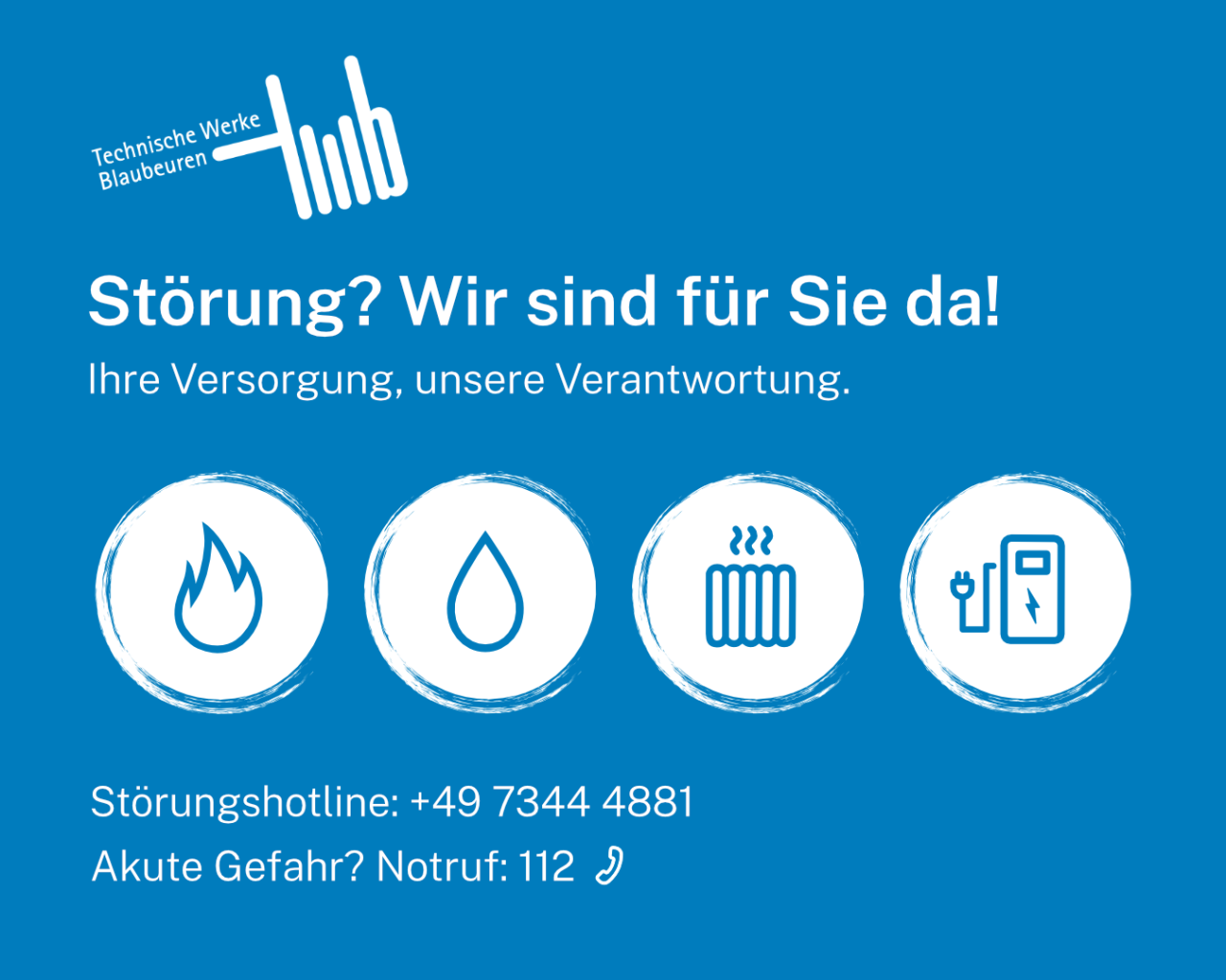 Telefonnummer der Störungshotline für Gas, Wasser, Wärme und E-Ladesäulen.